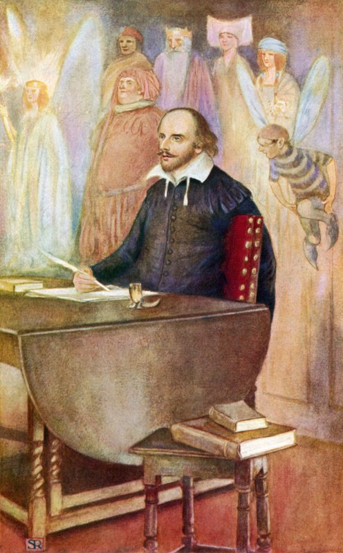 Shakespeare och några av de odödliga varelserna i hans fantasi (färg litho) av Stephen Reid