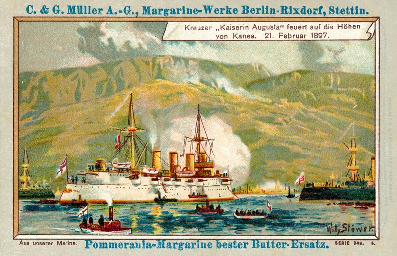 Den tyska kryssaren Kaiserin Augusta skjuter på höjderna i Chania, Kreta, 21 februari 1897 (kromolit) av Stoewer Willy