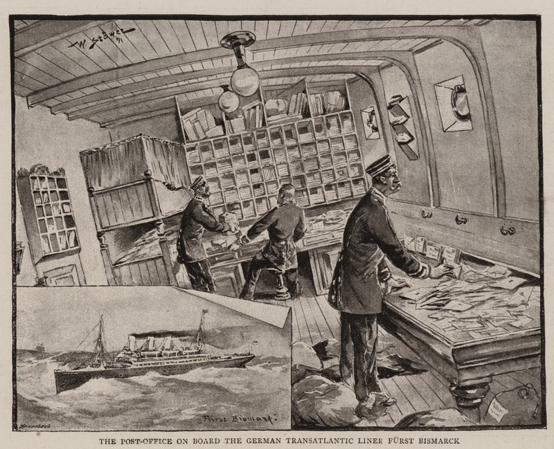 Postkontoret ombord på tyska Transatlantic Liner Furst Bismarck av Stoewer Willy