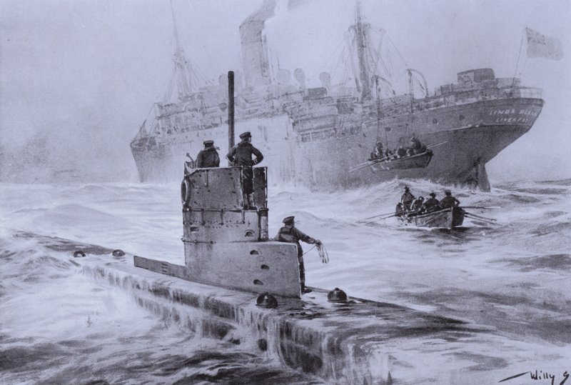 Förlisning av det brittiska handelsfartyget Linda Blanche av den tyska ubåten U-21 utanför Liverpool, första världskriget, 30 januari 1915 (litho) av Willy  Stoewer 