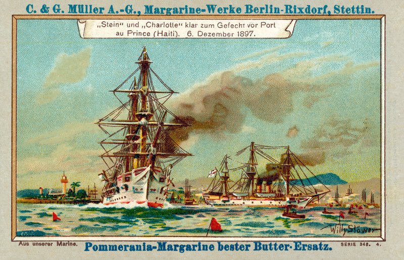 Tyska krigsfartygen Stein och Charlotte i Port au Prince Harbour, Haiti, under Luders-affären, 6 december 1897 (chromolitho) av Stoewer Willy