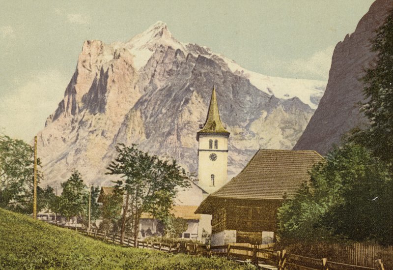 Berner Oberland: Grindelwald med kyrka (färgad bild) av Swiss Photographer