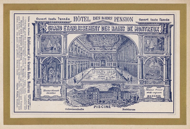 Annons för Grand Etablissement Des Bains De Montreux (gravyr) av Swiss School