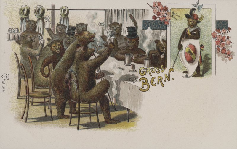 Björnar som dricker öl, hälsningar från Bern, Schweiz (chromolitho) av Swiss School