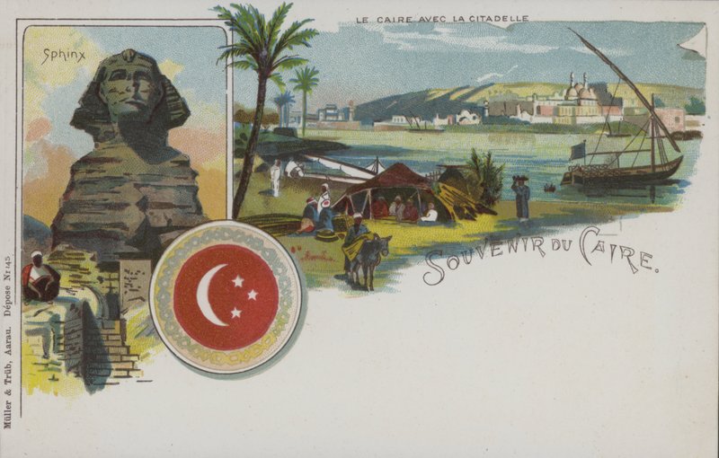 Egyptiska scener: Kairo och dess citadell och sfinxen (chromolitho) av Swiss School