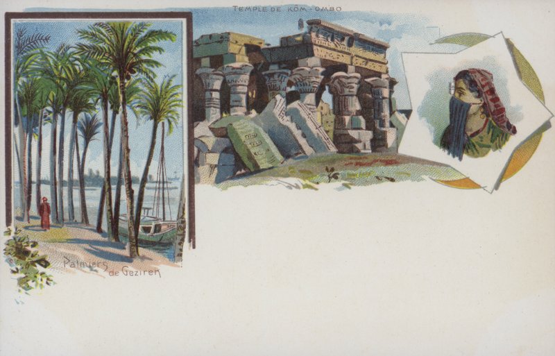 Egyptiska scener: palmer på Nilens strand vid Gezira, Kairo och Temple of Kom Ombo (chromolitho) av Swiss School