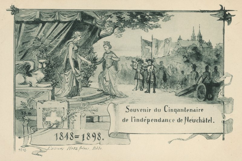 Femtioårsjubileum av Neuchatel utropade sig själv som republik inom Schweiziska edsförbundet 1848 (litho) av Swiss School
