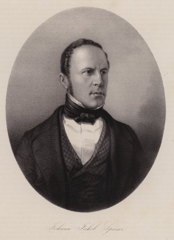 Johann Jakob Speiser, schweizisk textilhandlare, bankir och politiker (gravyr) av Swiss School