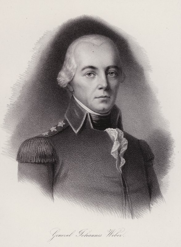 Johann Weber, schweizisk general dödad i slaget vid Frauenfeld (gravyr) av Swiss School