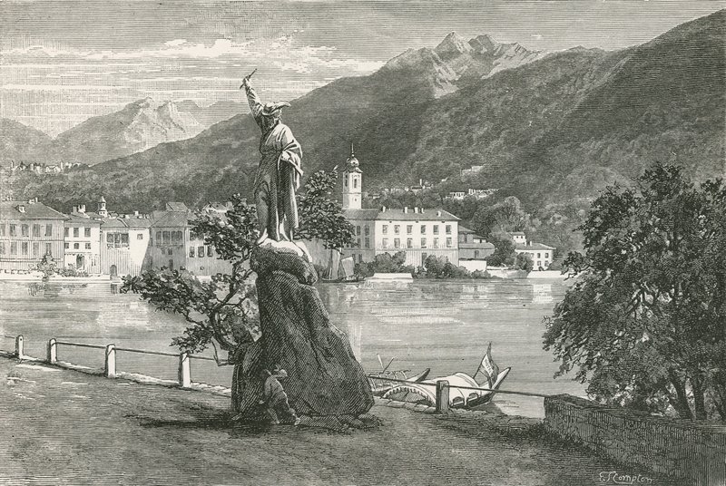 Lugano, med statyn av Tell av Vela av Swiss School