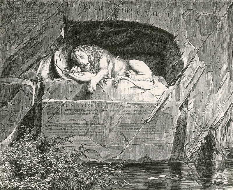 Monument i Luzern till de schweiziska vakterna som stupade när de försvarade den kungliga familjen i Frankrike, 10 augusti 1792 av Swiss School