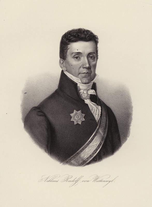 Niklaus Rudolf von Wattenwyl, schweizisk general och den siste borgmästaren i restaurationen i staden Bern (gravyr) av Swiss School