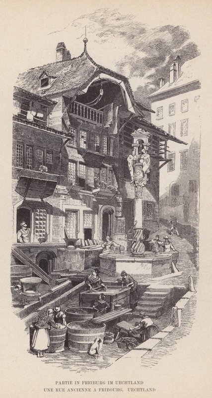 Del i Freiburg im Uechtland, En gammal gata i Freiburg, Uechtland (gravyr) av Swiss School