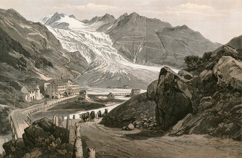 Den nedre delen av Rhoneglaciären och vägen till Furka av Swiss School