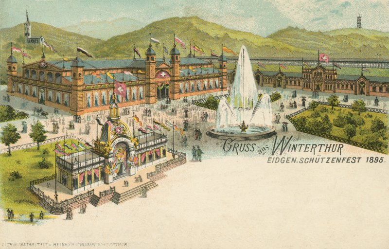 Skjutfestivalen 1895 i Winterthur, Schweiz (färg litho) av Swiss School