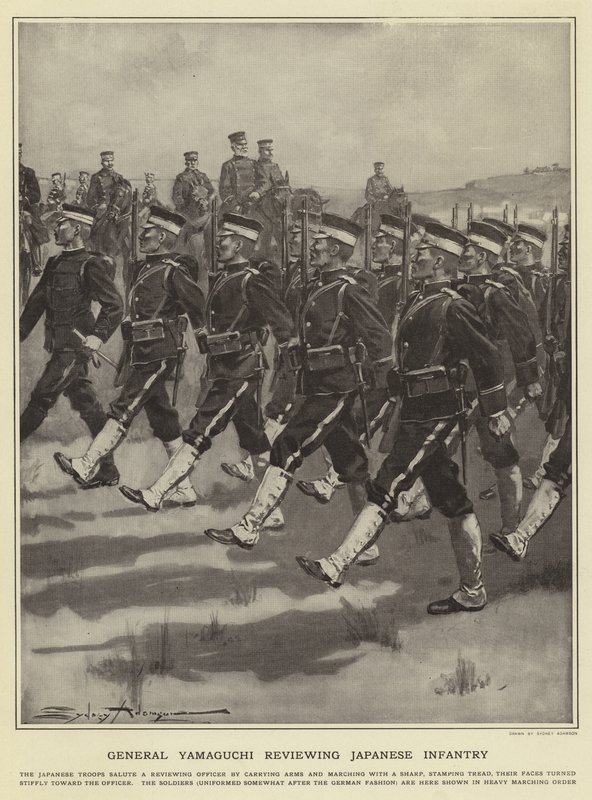 General Yamaguchi granskar japanskt infanteri av Sydney Adamson