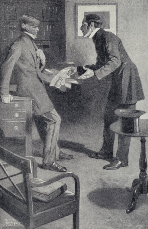 John Stuart Mill ger sin vän Thomas Carlyle den hemska nyheten att en oförsiktig flicka har bränt hans manuskript (litografi) av Sydney C Lucas