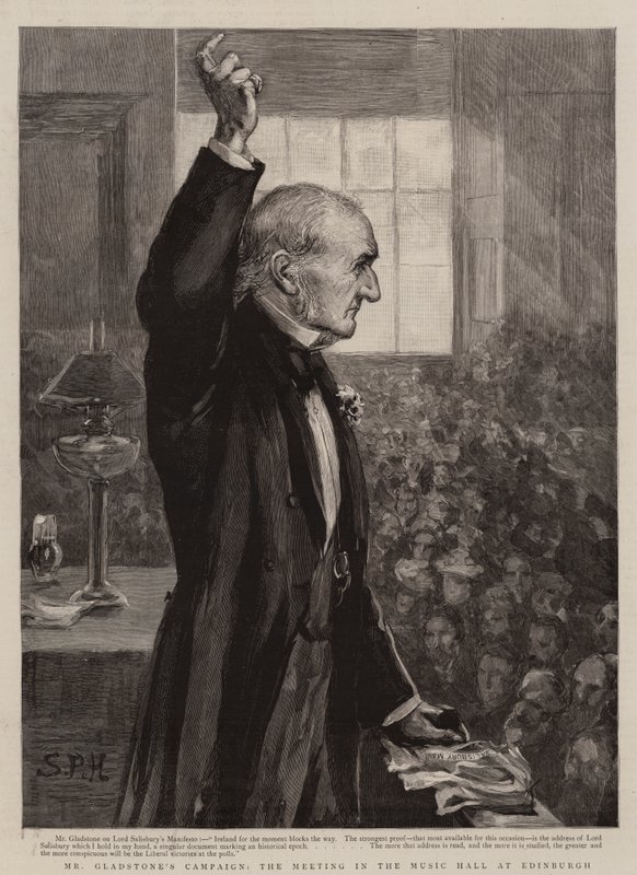 Mr Gladstones kampanj, mötet i Music Hall i Edinburgh (gravyr) av Sydney Prior (after) Hall