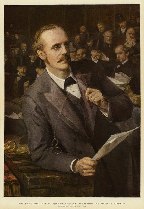 Högern Arthur James Balfour, MP, talar till underhuset (färg litho) av Sydney Prior (after) Hall