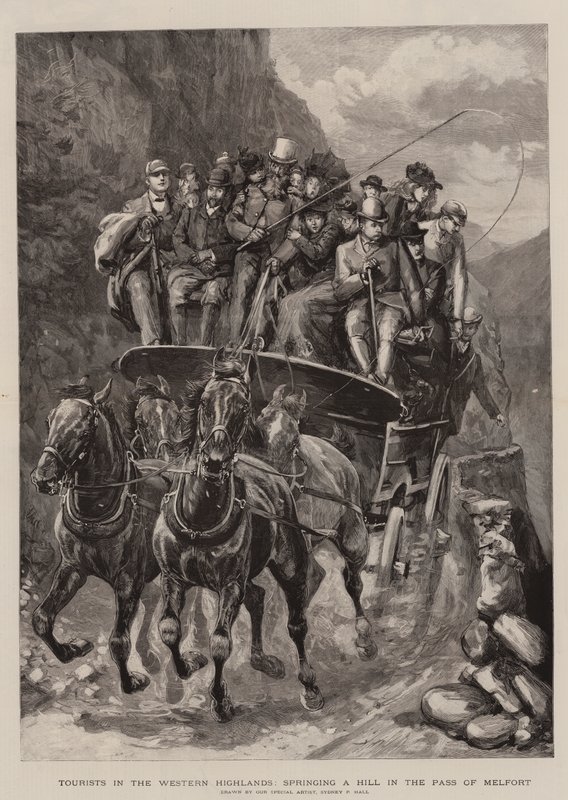 Turister i det västra höglandet, springer en kulle i passet Melfort (gravyr) av Sydney Prior (after) Hall