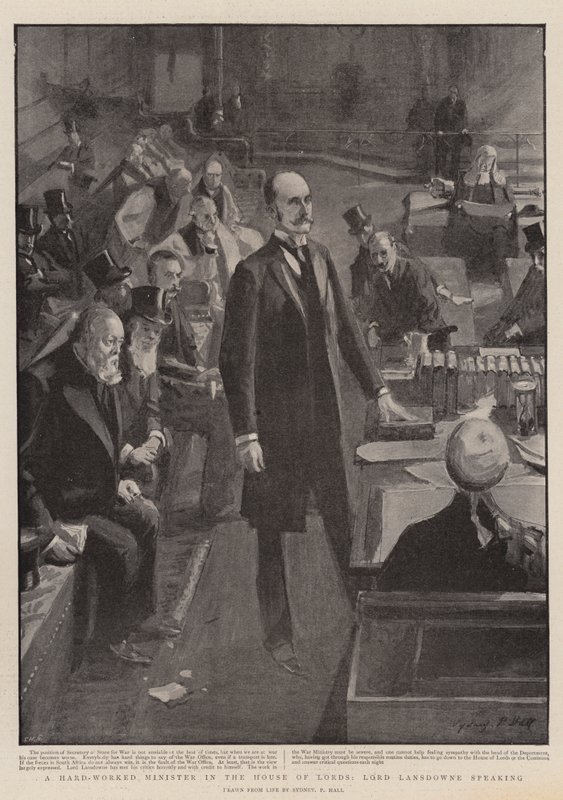 En hårt arbetande minister i överhuset, Lord Lansdowne talar av Sydney Prior Hall