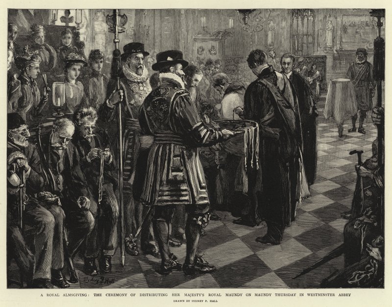 En kunglig allmosa, ceremonin för utdelning av Hennes Majestäts kungliga skärtorsdag på skärtorsdagen i Westminster Abbey av Sydney Prior Hall