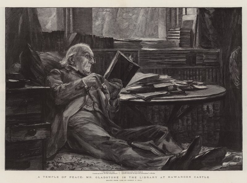 A Temple of Peace, Mr Gladstone i biblioteket på Hawarden Castle av Sydney Prior Hall