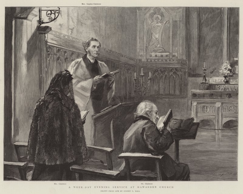 En veckodagskvällsgudstjänst i Hawarden Church av Sydney Prior Hall