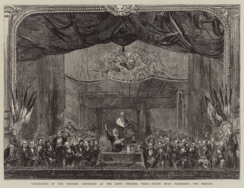 Firande av Voltaires hundraårsjubileum på Gaite Theatre, Paris, Victor Hugo talar till mötet av Sydney Prior Hall