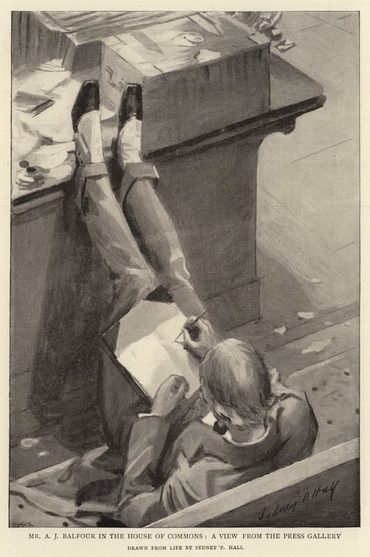 A J Balfour i underhuset, en vy från pressgalleriet av Sydney Prior Hall