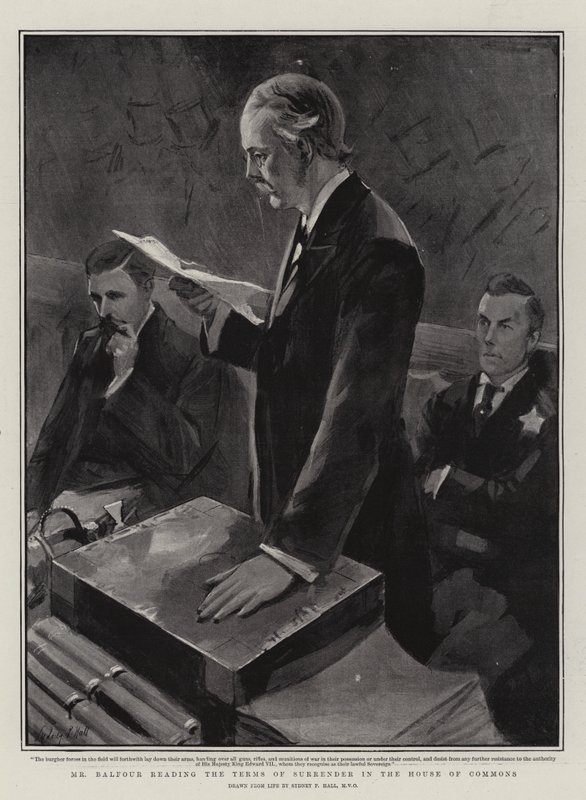 Balfour läser upp kapitulationsvillkoren i underhuset. av Sydney Prior Hall