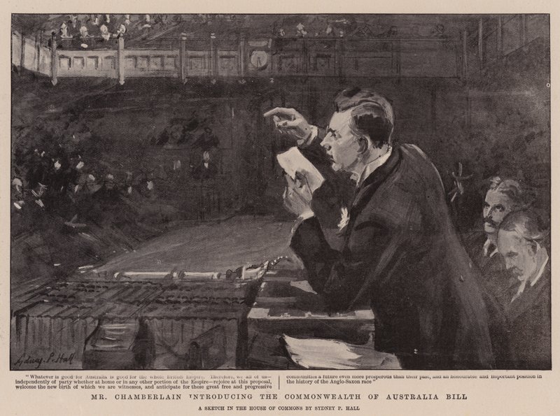 Chamberlain presenterar lagförslaget om Australiens samvälde. av Sydney Prior Hall