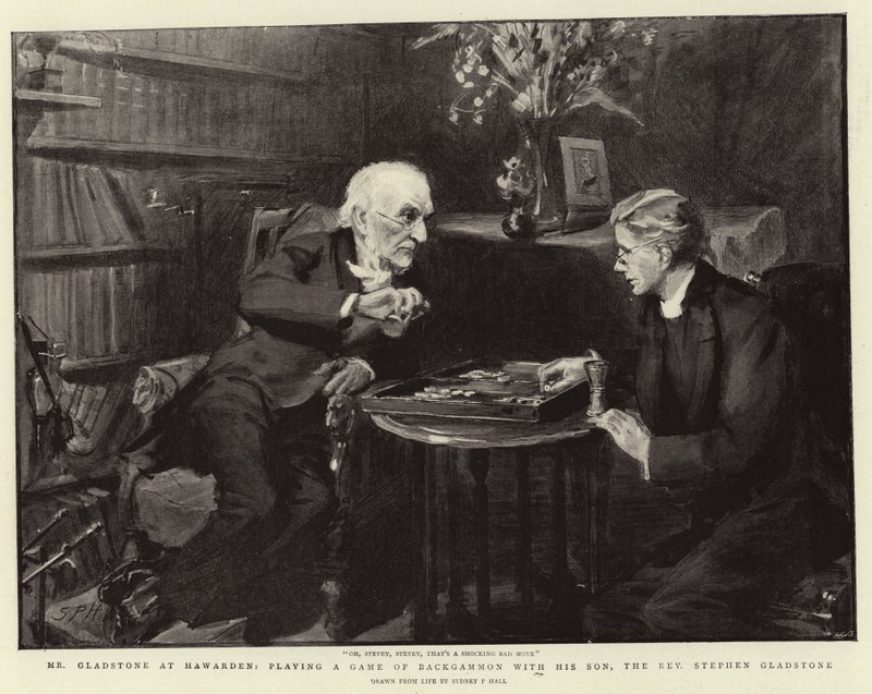 Mr Gladstone på Hawarden, spelar ett spel backgammon med sin son, pastor Stephen Gladstone av Sydney Prior Hall
