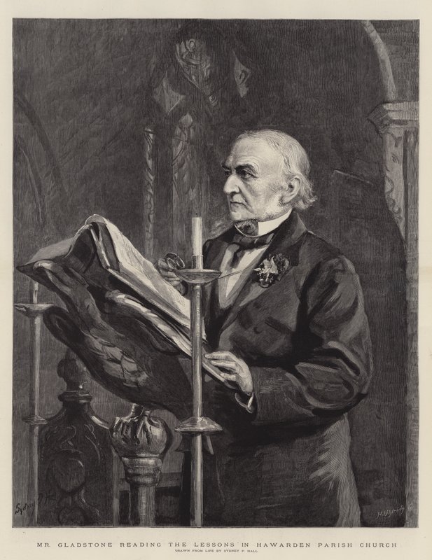 Mr Gladstone läser lektionerna i Hawardens församlingskyrka av Sydney Prior Hall