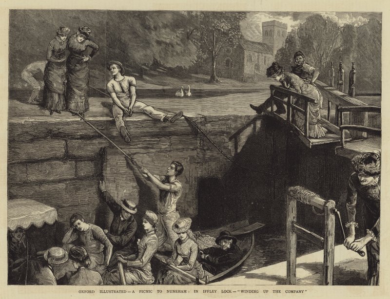 Oxford Illustrated, en picknick till Nuneham, i Iffley Lock, avveckling av företaget av Sydney Prior Hall