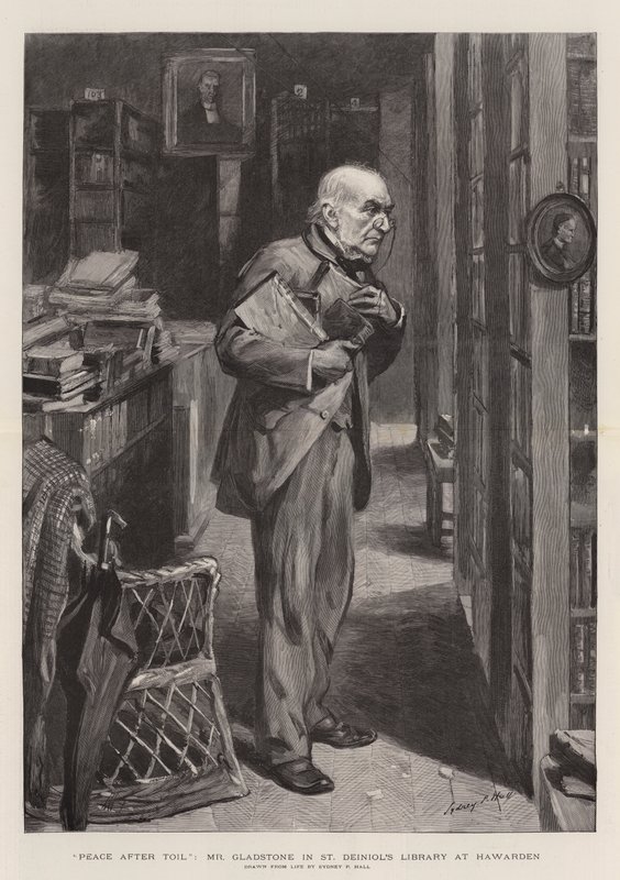 Fred efter slit, herr Gladstone i St Deiniols bibliotek i Hawarden av Sydney Prior Hall