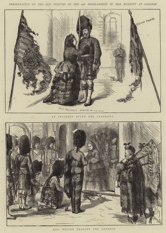 Presentation av 79th Highlanders gamla färger för Hennes Majestät i Osborne av Sydney Prior Hall
