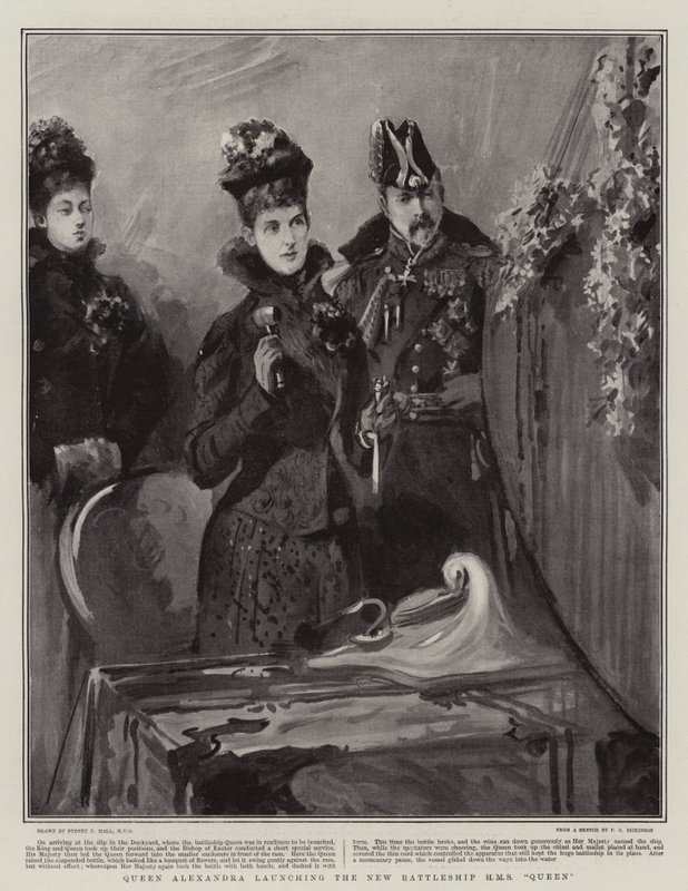 Drottning Alexandra lanserar det nya slagskeppet H M S Queen av Sydney Prior Hall