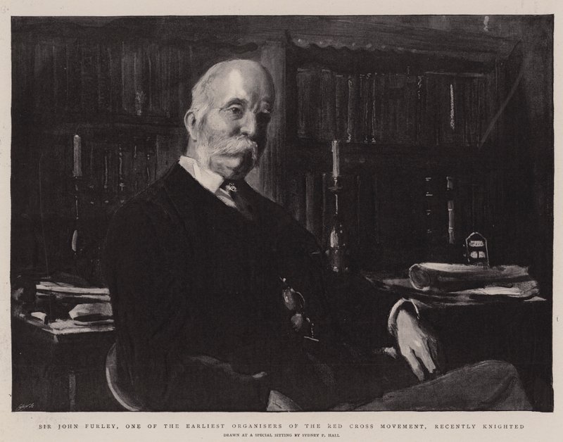 Sir John Furley, en av de tidigaste organisatörerna av Röda Korsrörelsen, adlades nyligen av Sydney Prior Hall