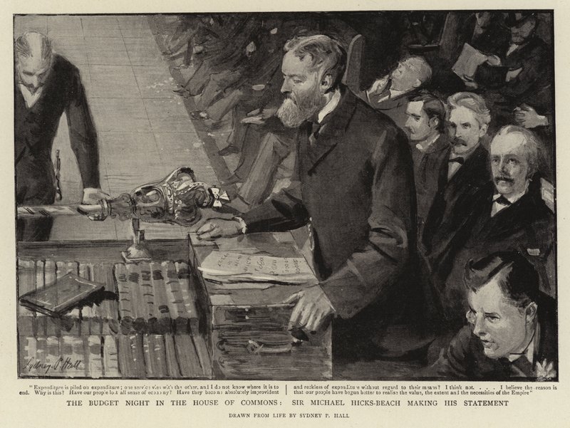 Budgetkvällen i underhuset, Sir Michael Hicks-Beach gör sitt uttalande. av Sydney Prior Hall