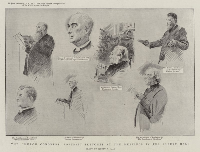 Kyrkokongressen, porträttskisser vid mötena i Albert Hall litho av Sydney Prior Hall