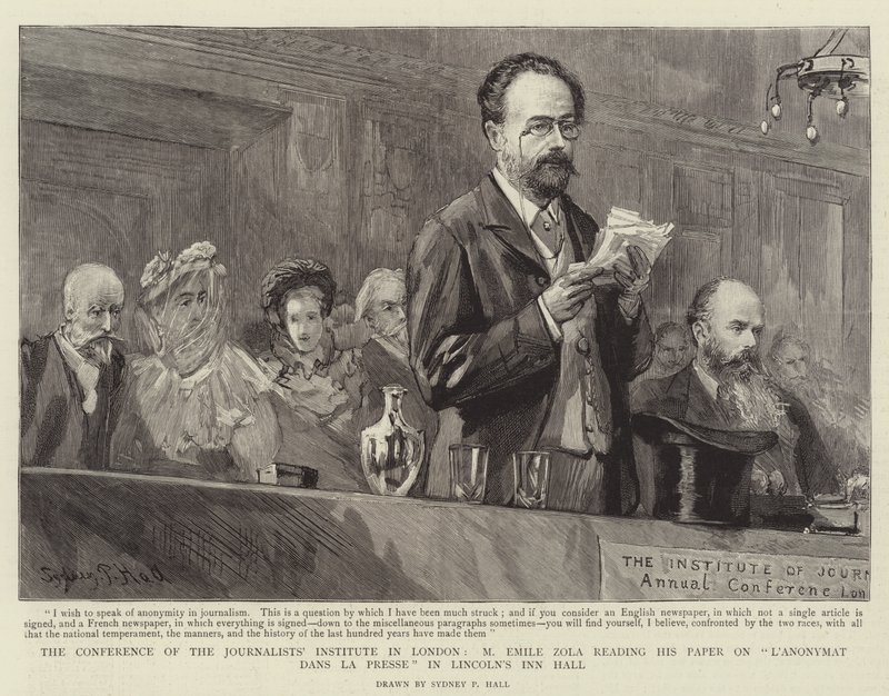Journalistinstitutets konferens i London, Emile Zola läser sitt föredrag om L