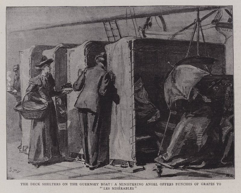 The Deck Shelts på Guernsey-båten, en tjänstgörande ängel erbjuder druvklasar till Les Miserables av Sydney Prior Hall