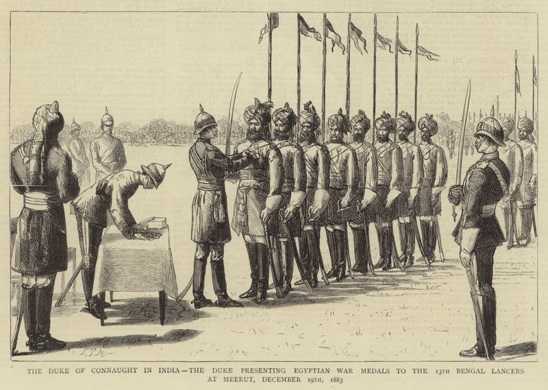 Hertigen av Connaught i Indien, hertigen överlämnade egyptiska krigsmedaljer till de 13:e bengaliska lanserarna i Meerut, 19 december 1883 av Sydney Prior Hall