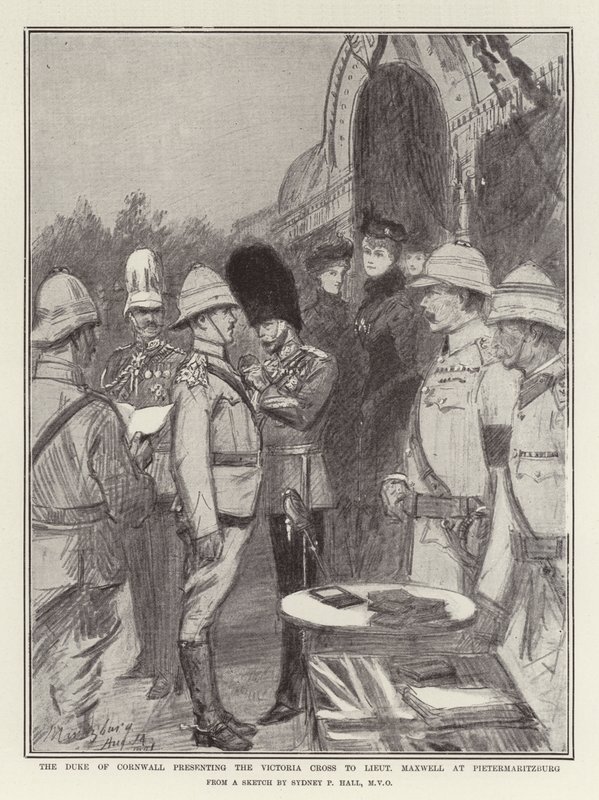 Hertigen av Cornwall presenterar Victoria Cross till löjtnant Maxwell i Pietermaritzburg av Sydney Prior Hall