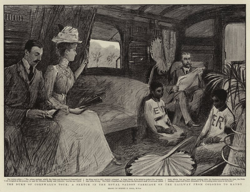 Hertigen av Cornwalls rundtur, en skiss i Royal Saloon Carriage på järnvägen från Colombo till Kandy av Sydney Prior Hall