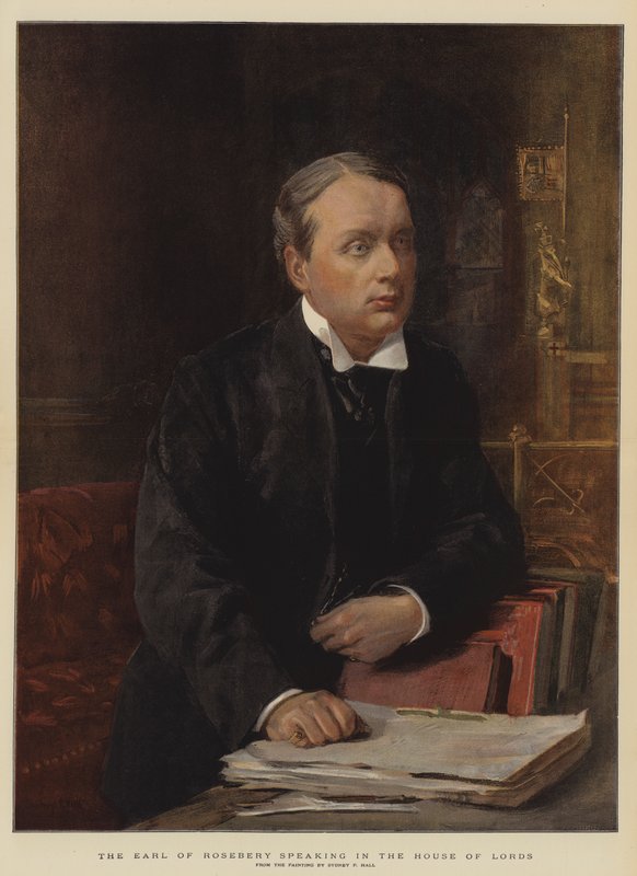 Earl of Rosebery talar i överhuset (kromolit) av Sydney Prior Hall