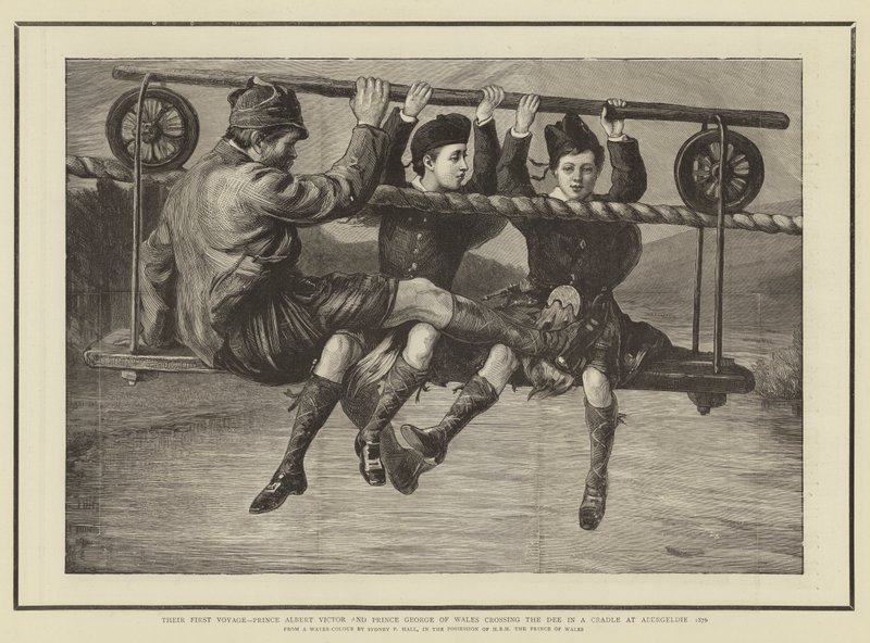 Den första resan, prins Albert Victor och prins George av Wales korsar Dee i en vagga vid Abergeldie 1876 av Sydney Prior Hall