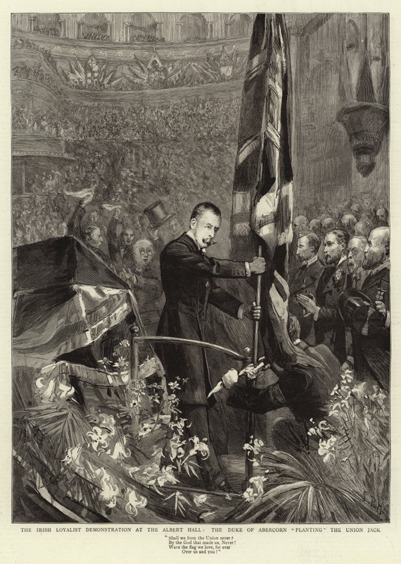 Den irländska lojalistiska demonstrationen i Albert Hall, hertigen av Abercorn planterar Union Jack av Sydney Prior Hall