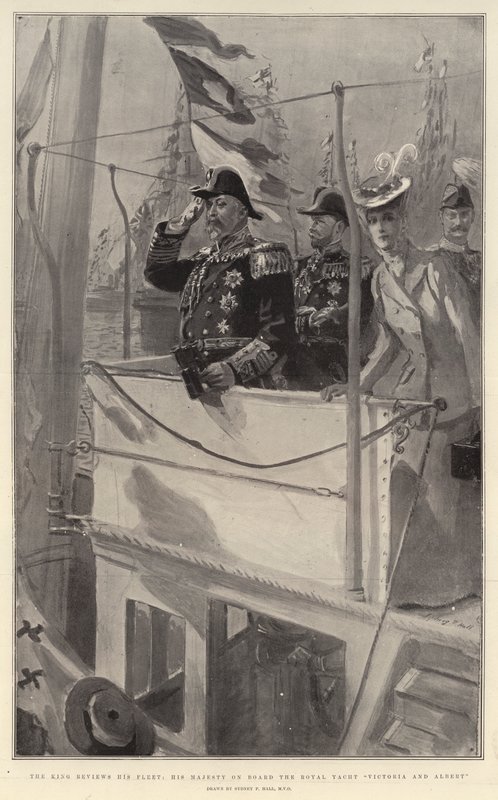 Kungen granskar sin flotta, Hans Majestät ombord på Royal Yacht Victoria and Albert av Sydney Prior Hall